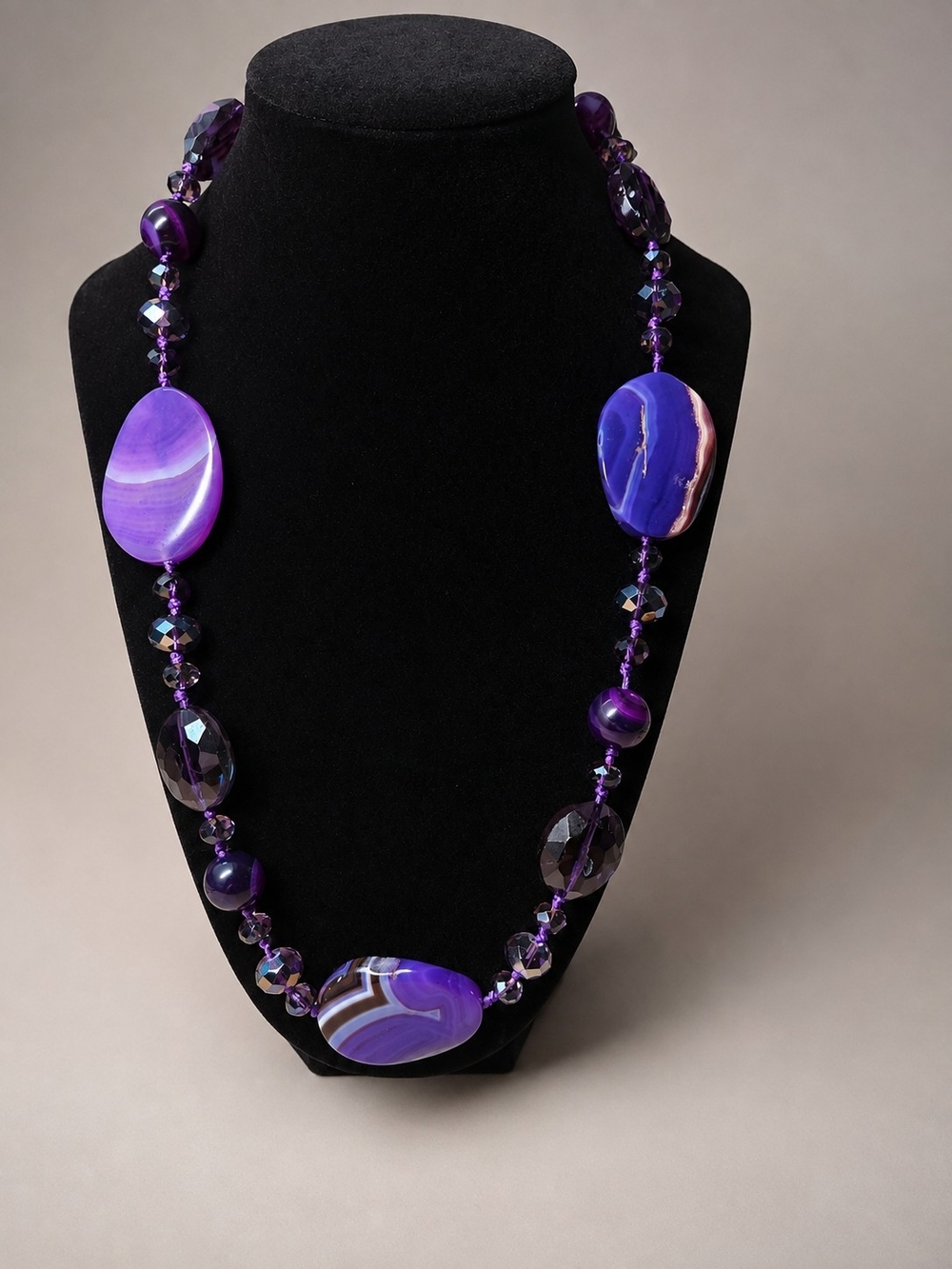 Handmade Purple Genuine Stone & Glass Beaded Necklace 24"